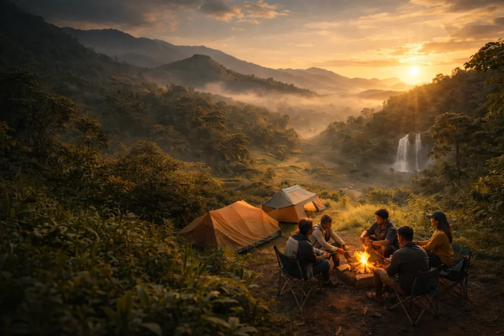 Private Trip Sentul camping bersama di alam terbuka dengan latar pegunungan dan air terjun saat sunset