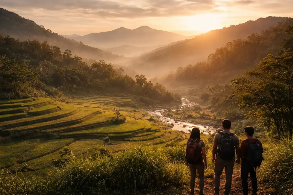 Panorama alam Sentul saat matahari terbit dengan pendaki menikmati pengalaman outdoor eksklusif.