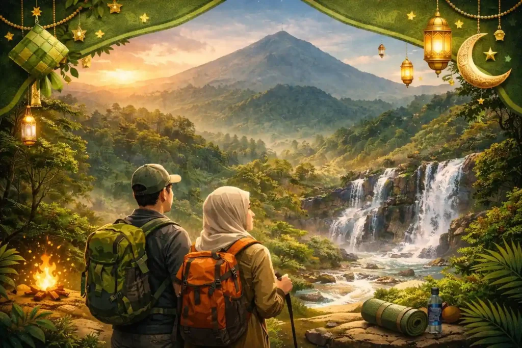 Ilustrasi dua pendaki menikmati pemandangan air terjun dan pegunungan di Sentul dengan nuansa Ramadhan dan dekorasi islami.
