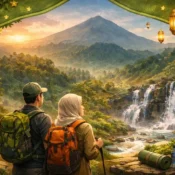 Ilustrasi dua pendaki menikmati pemandangan air terjun dan pegunungan di Sentul dengan nuansa Ramadhan dan dekorasi islami.